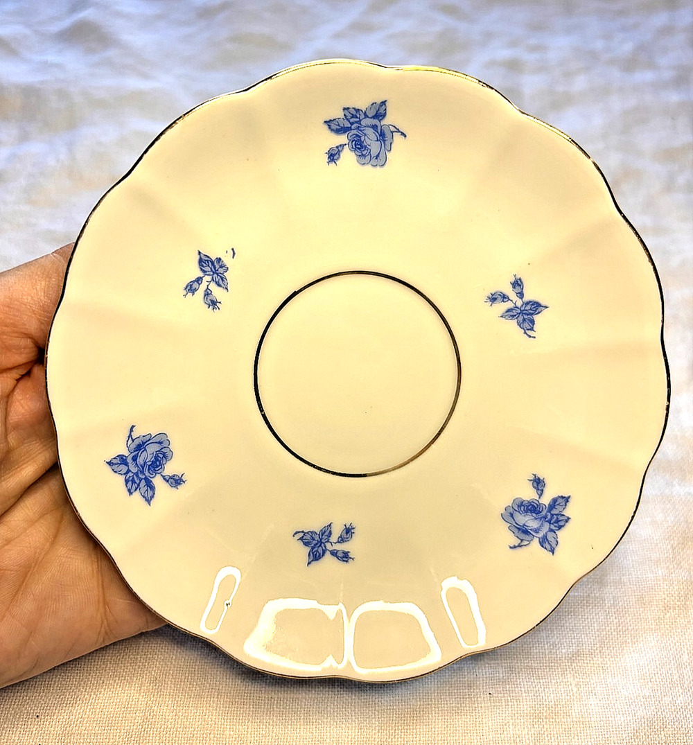 Arabia Finland Blue Rose Saucer Vintage Ivory Gold Rim China 1949-1970